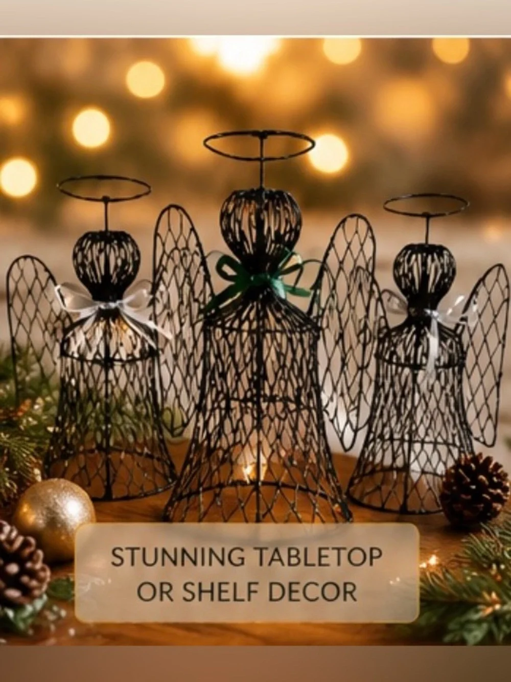 Wire Mesh Christmas Angels Set of 3 Black Metal Holiday Decor